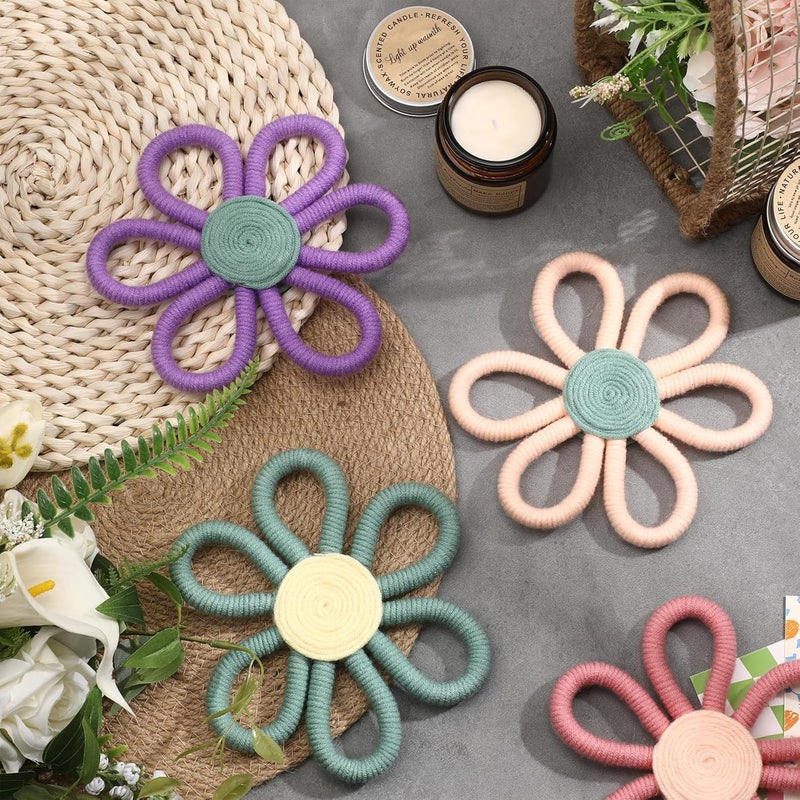 Ripeng 6 Pcs Boho Nursery Decor Flower Daisy Wall Art 6 Inch Woven Macrame Wall Hanging Bohemian Flower Decor Daisy Nursery for Baby Girls Kids Home Bedroom(Vivid Colors) - Image 3